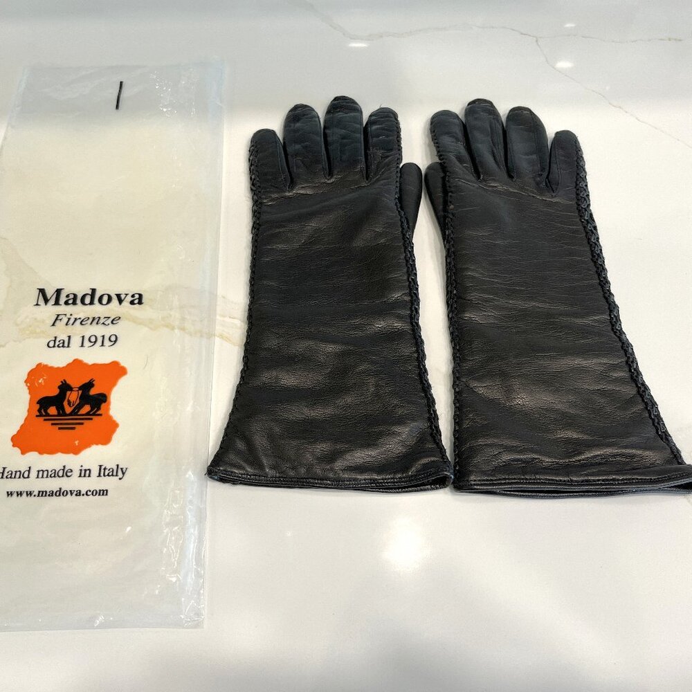 MADOVA LEATHER GLOVES 100% CASHMERE LINED SIZE 7 WOMEN'S BLACK - PRE-OWNED - GOR